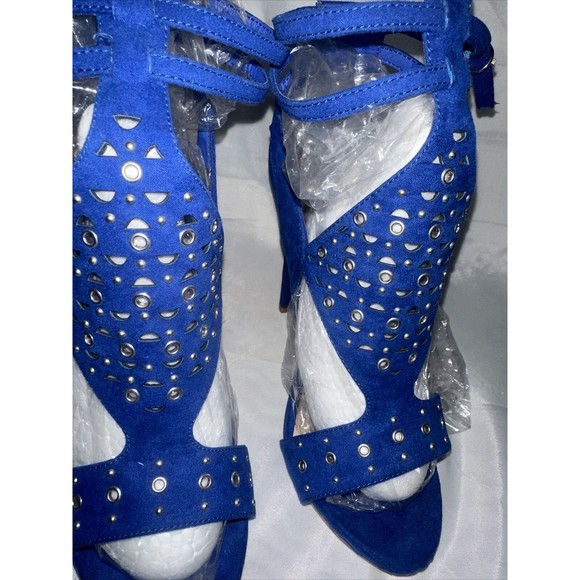 Just Fab Women's Size 8.5 Platform Stiletto 5in Heels Blue Silver Design Straps - Picture 4 of 16